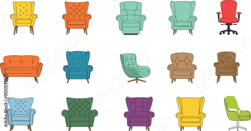 Colorful armchair and sofa collection, modern flat vector furniture set isolated on white background for interior design projects