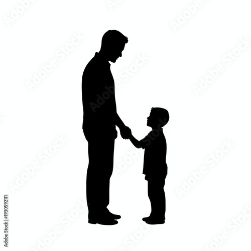 Silhouette of a man shaking hands with a young boy to teach social greeting and mutual respect in a family context