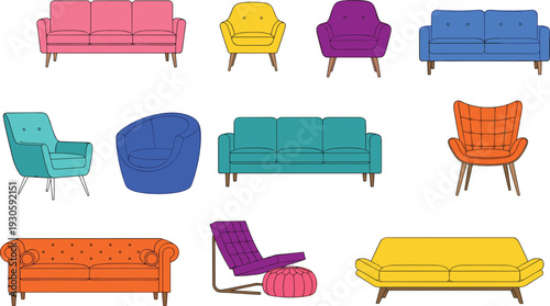 Colorful modern sofa and armchair set, flat vector furniture collection isolated on white background for interior design