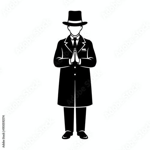 Silhouette of a gentleman in a vintage overcoat and top hat performing a respectful greeting with hands together