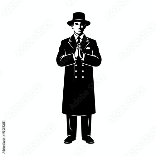 Silhouette of a dapper gentleman in a vintage overcoat and top hat performing a respectful greeting gesture