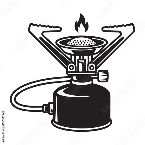 Backpacking stove with flame vector illustration for wilderness camping and outdoor tourism hobby
