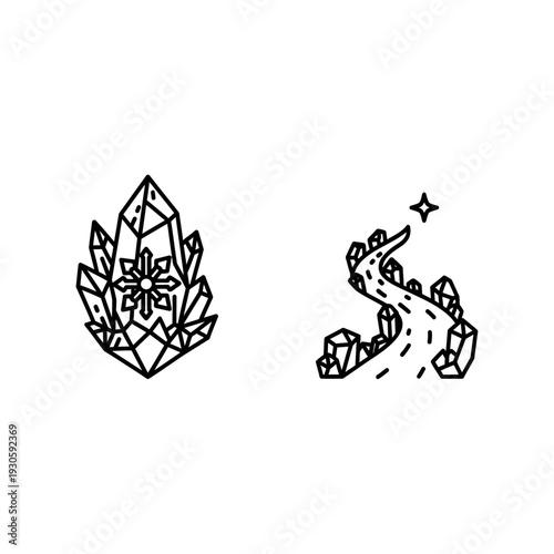 Stylized icons of a crystalline structure 'Coldcrest' and a winding 'Crystalpath', evoking themes of ice, nature, magic, and adventure with geometric precision.