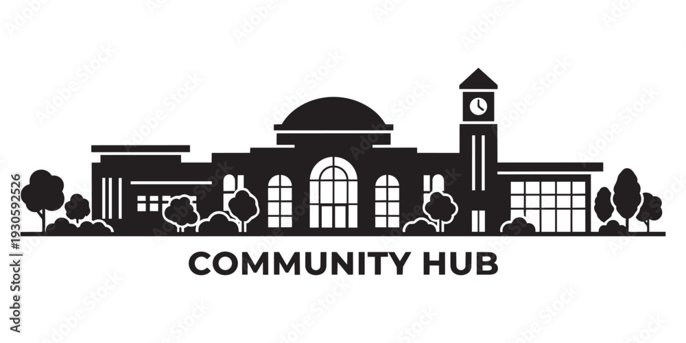 Obraz premium Community hub building skyline with clock tower vector illustration for urban public infrastructure