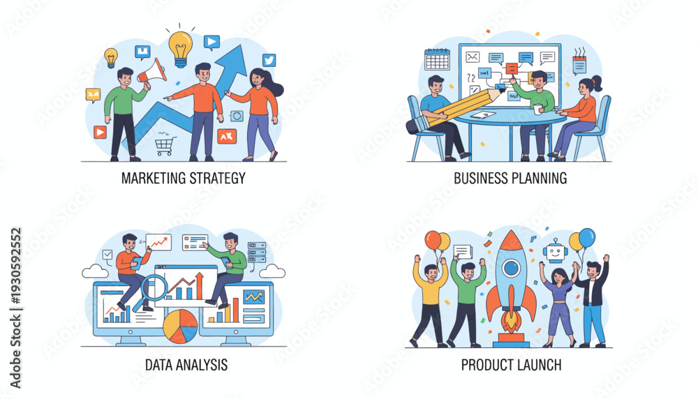 Naklejka premium business strategy concepts: marketing, planning, data analysis, product launch