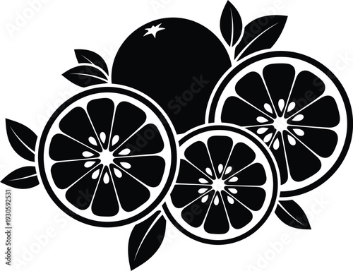 Black silhouette of oranges with leaves and slices