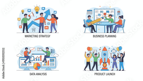 business strategy concepts: marketing, planning, data analysis, product launch