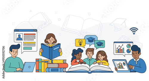 Students learning together with books and technology