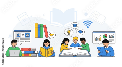 students learning together, online education, reading books, knowledge sharing
