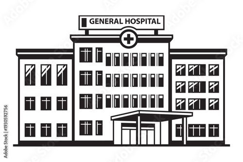 General hospital building illustration vector, medical center facade with entrance and windows