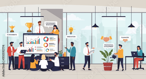 teamwork in office, business meeting, data analysis, success concept