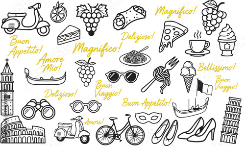 Retro Italian summer hand drawn doodle element Set. Summer doodles in minimalist style featuring grape, bike, boat, dessert and Mediterranean Food and Travel illustrations for menus and invitations