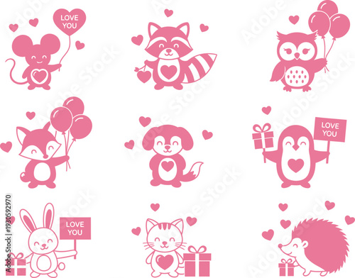 Adorable animals celebrate love with hearts and gifts