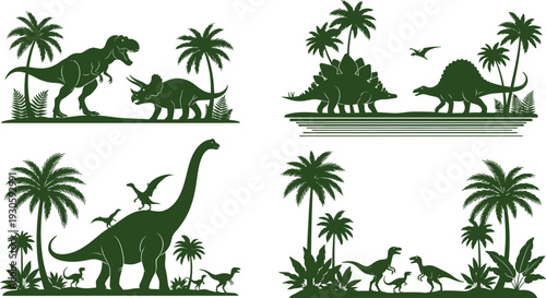 Dinosaur silhouettes in prehistoric landscapes with palm trees