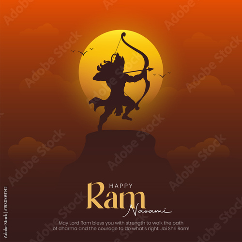 Happy Ram Navami Post and Greeting Card. Silhouette of Lord Rama with Bow. Shree Ram Navami Celebration Vector Illustration