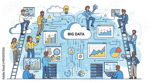 Big data cloud computing technology concept, teamwork and data analysis