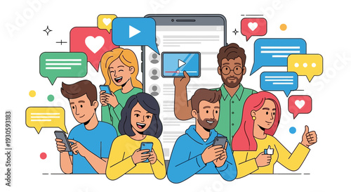 diverse group social media users, mobile phones, online communication