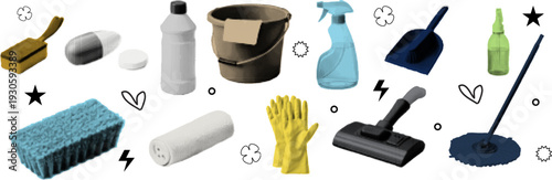 Halftone pop art dot sponge soap bottle bucket spray dustpan mop glove brush cleaning tool collection vector illustration