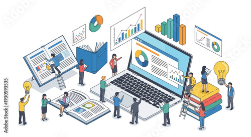 business team studying data analytics on laptop and books