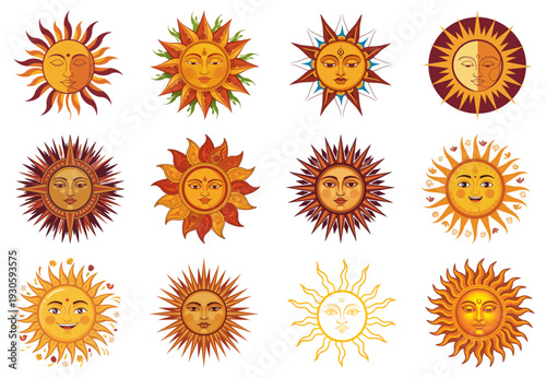 Collection of Traditional Sinhala and Tamil New Year Sun Vectors with Human Faces and Decorative Rays, Cultural Festival Design Elements