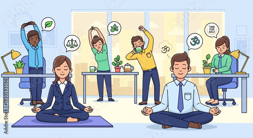 Office workers doing yoga and stretching at workplace, wellness concept