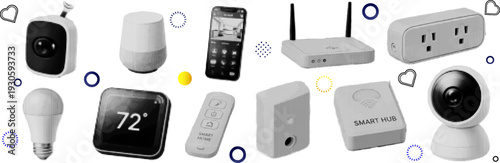 Halftone pop art dot camera speaker smartphone router extension webcam smartwatch smart hub gadget collection vector illustration