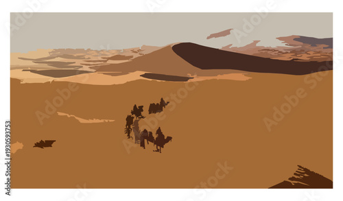 Stylized desert travel landscape vector illustration with camel caravan
