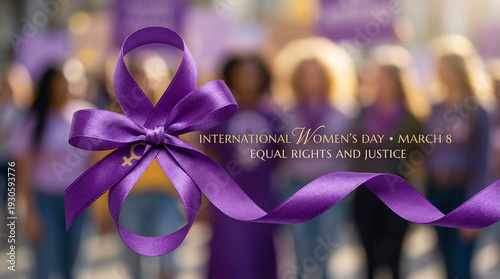Lazo morado de satén brillante, símbolo del Día Internacional de la Mujer (8M). Representa igualdad, derechos y justicia social. Imagen elegante ideal para campañas y comunicación institucional.