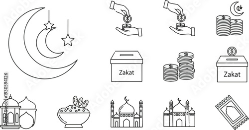 Collection of Outline Icons Representing Islamic Traditions, Ramadan Celebrations, and Charity Contributions for Religious Observances