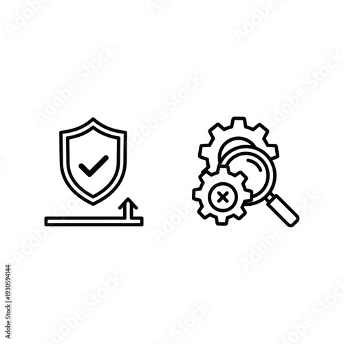 Shield with checkmark indicating safety and gears with magnifying glass and cross suggesting fault detection and analysis.