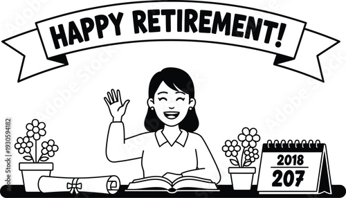 Happy woman waving at retirement celebration with flowers and calendar