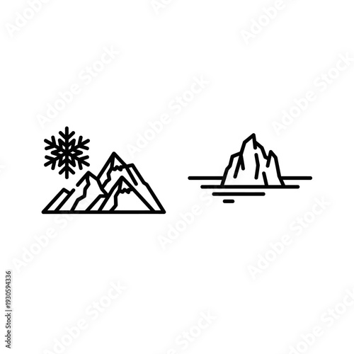 Snowflake, Mountains, and Iceberg Icons: Winter, Cold, and Arctic Landscape Elements