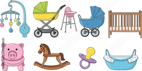 Baby essentials, stroller, crib, high chair, rocking horse, pacifier, bathtub, piggy bank, mobile, infant products, toddler items, parenting supplies