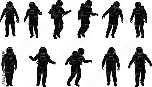 Astronaut silhouettes, space exploration, cosmic figures, science icons, astronaut poses, space suit design, cosmic art, astronaut illustration, outer space theme, futuristic