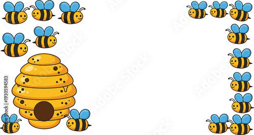 Cartoon bees, beehive illustration, honey bees, nature border, cute insects, pollination art, children’s design, educational clipart, playful bee pattern