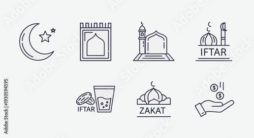 Ramadan icons Crescent moon, prayer mat, mosque, iftar, zakat, and coins