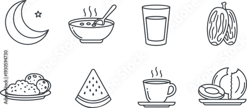 Collection of essential meal and beverage icons for healthy eating and breaking fast rituals, including nutritious food and refreshing drinks