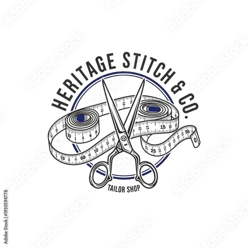Tailor Shop Vintage Logo with Sewing Scissors and Measuring Tape Design