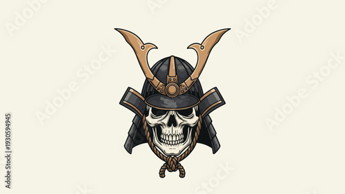 Illustration of a skull wearing a samurai helmet with horns on a beige background.