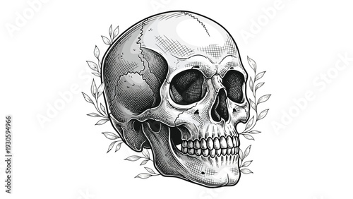 A detailed grayscale illustration of a human skull surrounded by leaves on a white background with a spooky and eerie mood.