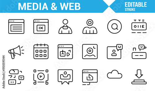 Editable Stroke Web and Media Vector Icons Bundle