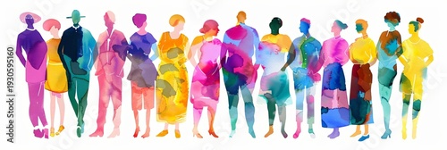 Panel kuchenny z motywem Diverse men and women in colorful abstract watercolor art representing community and teamwork. Social diversity and inclusion concept for unity. Banner with copy space