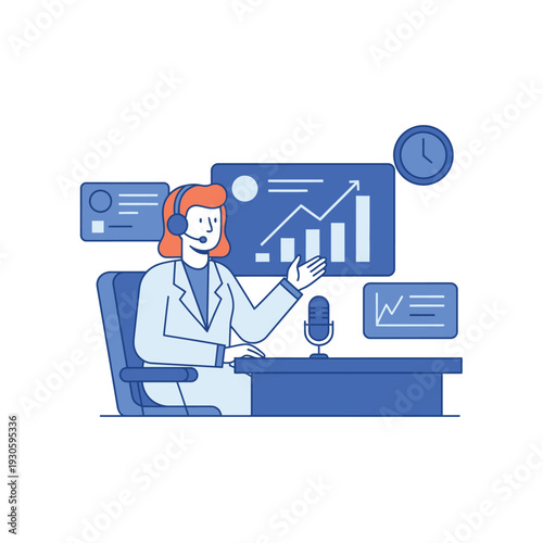 Businesswoman presenting financial data with headset and microphone.