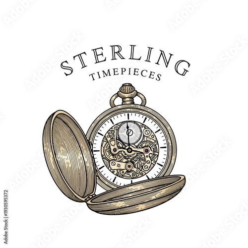 Pocket Watch Sterling Timepieces Logo with Open Mechanism Vintage Design