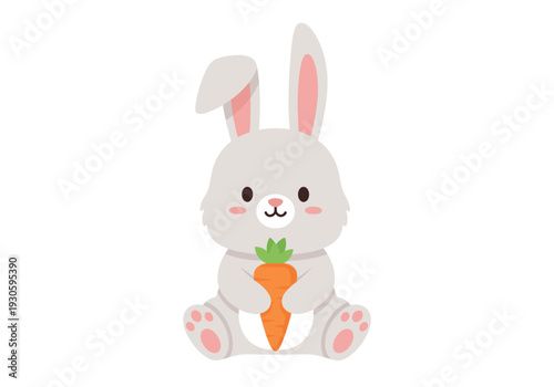 kawaii white bunny rabbit sitting with big sparkling eyes, rosy cheeks, floppy ears, and holding a fresh orange carrot in tiny paws.