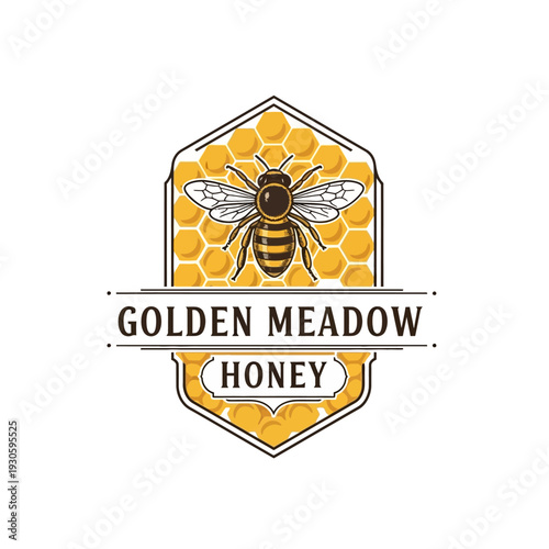 Golden Meadow Honey Bee Logo Design with Hexagonal Honeycomb Pattern