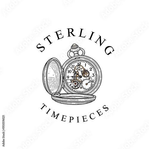 Detailed Artistic Illustration of an Antique Open Pocket Watch with Visible Intricate Clockwork