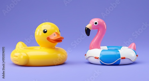 Playful Rubber Duck and Flamingo Floaties on Vibrant Purple Background.