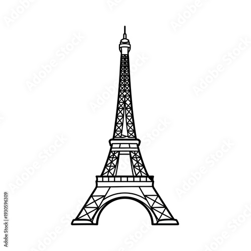 Black and White Line Drawing of the Eiffel Tower in Paris for Artistic Design