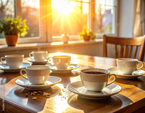 Wallpaper Mural Unmade breakfast table with empty coffee cups and crumbs on plates in morning sunlight indoors. Torontodigital.ca